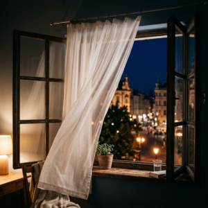 Open wooden window with sheer curtain blowing, potted plant, glass of water, book, and nighttime city street view