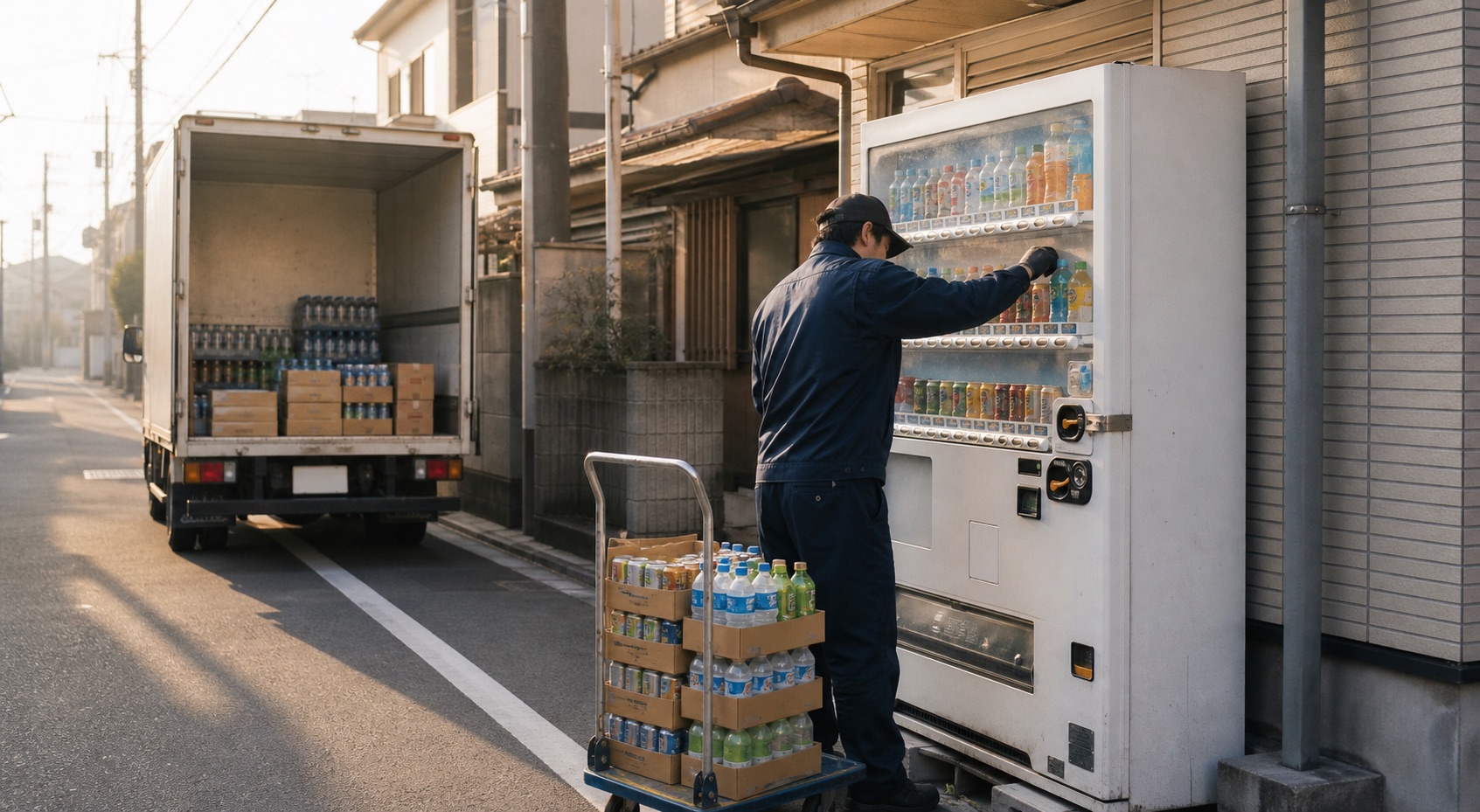 住宅街の自動販売機へ飲料を補充する作業のイメージ