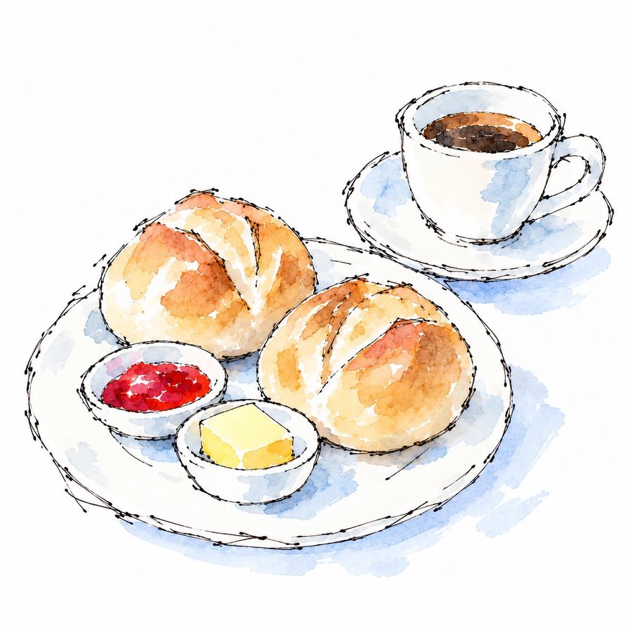 コンチネンタル・ブレックファストのイラスト(パン、ジャムとバター、コーヒー)